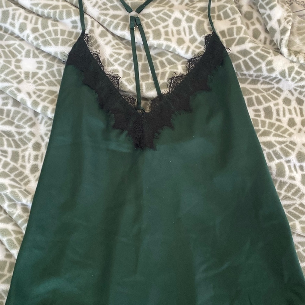 Dark green pj set with black lace detailing
